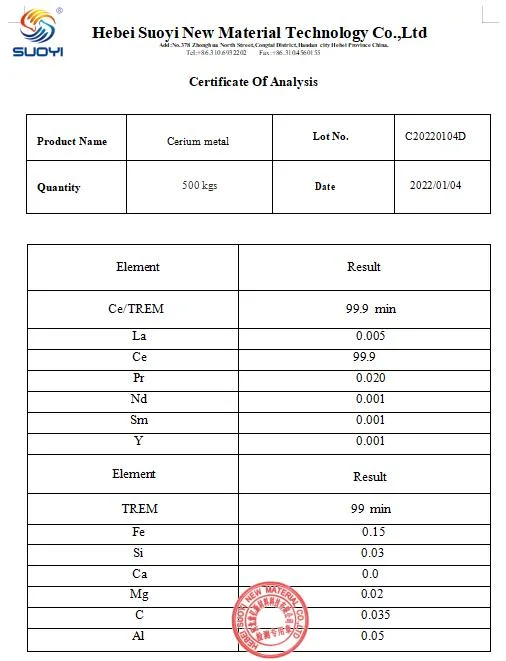 Suoyi High Purity 99.9% Cerium Metal for Metal Tie